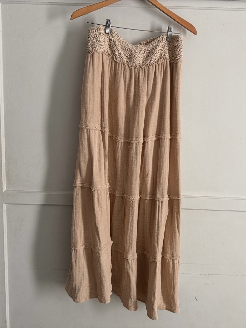 Kimchi Blue Beige Tiered Maxi Skirt with Smocked Waistband